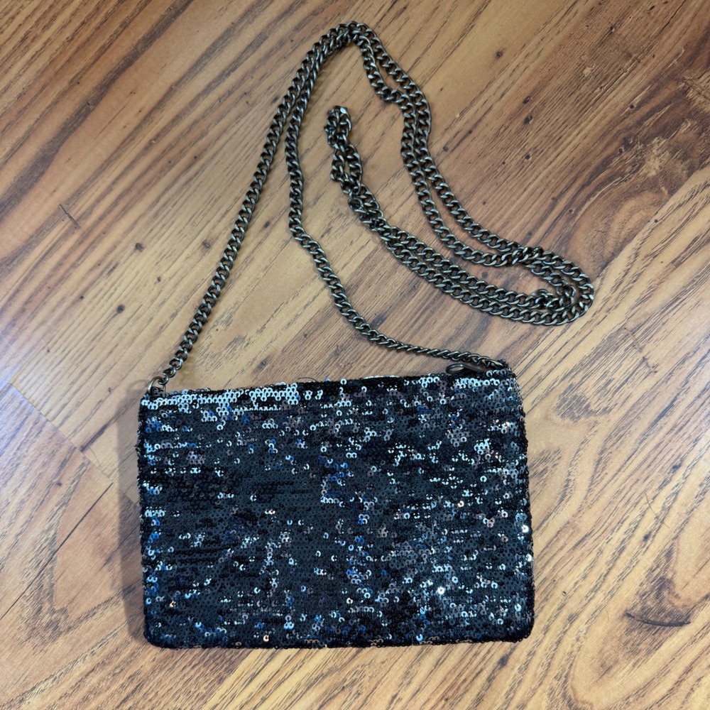 J. Crew Black Sequin Crossbody Bag Bronze Chain Strap Evening Clutch 63668 HO 12